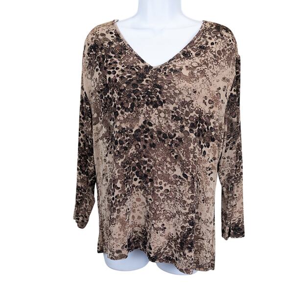 Chico's Travelers Brown V-Neck Spotted Print Long Sleeve Top Women's Size 2 - Picture 1 of 6